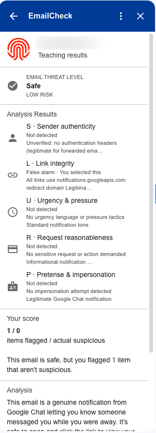 EmailCheck verdict panel inside Gmail: Safe, low risk (reseller name blurred).