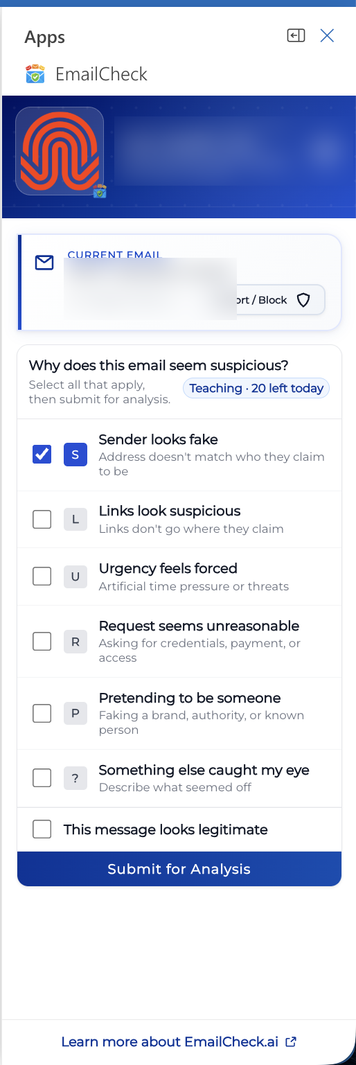 EmailCheck's teaching-mode checklist inside Outlook (email and account details blurred).